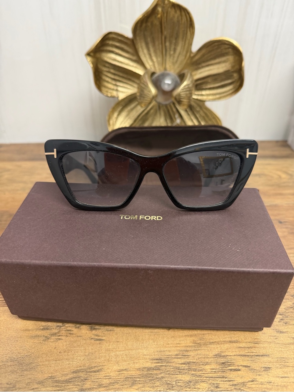 Tom Ford Black Cat-Eye Sunglasses with Gold Temple Accents